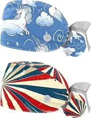 [YTYVAGT] 2-Pc,Nurse Scrub Caps,Scrub Hats with Buttons and Cotton Sweatband,Cloud Unicorn Hand Drawn Lines