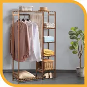Furb Open Wardrobe Clothes Rail Rack Hanging Garment Bamboo Organizer Coat Shelf Stand Shoes Storage