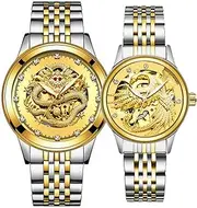 [carlien] Couple Stainless Steel Bling Bing Crystal Automatic Mechanical His and Hers Dress Watch Lover Gift