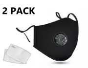 2x Reusable Washable Cloth Face Mask w/ Air Port + PM2.5 Carbon Filters Black