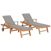 Sun Loungers 2 pcs with Grey Cushion Solid Teak Wood vidaXL
