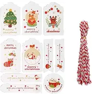 Lianjia 100 Christmas Kraft Paper White Gift Label, red and White Rope, Used for DIY Homemade Packaging Name Labels, Used for Christmas Party Supplies.
