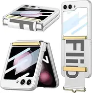 Usinynia for Samsung Galaxy Z Flip 6 Case with Screen Protector & Wrist Strap,Ultra-Thin Shockproof PC+PU Leather Case for Galaxy Z Flip 6 Phone Cover with Kickstand (Silver)
