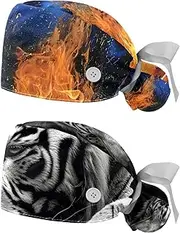 [YTYVAGT] 2-Pc,Nurse Scrub Caps,Scrub Hats with Buttons and Cotton Sweatband,Water Drop Football Flame