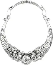 [ABJFJE] Retro Ethnic Carved Double Dragon Chunky Bib Collar Choker Necklace Gothic Stylish Exaggerated Fashion Dragon Statement Necklace Jewelry For Women Girl Gift