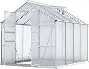 Green Fingers Greenhouse Polycarbonate House Garden Shed Walk-in Gardening Supplies Plant Stand Storage, 2.4M x 2.5M Aluminium Frame with Lockable Door, Gutter System and Opening Roof Vents