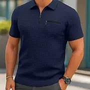 Men's Waffle Polo Shirts Zip Polo Casual Holiday Quarter Zip Short Sleeve Fashion Basic Solid Color Plain Zipper Pocket Summer Spring Black White Navy Blue Ora