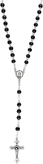 [lazzaro italy] Eurofusioni Catholic Rosary beads Prayer men and women - Black wooden bead necklace and silver plated cross, Metal, No Gemstone