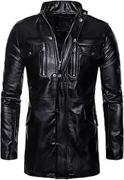 [Zylphorix] Men's Long Black Faux Leather Jacket - Zipper Front, Snap Buttons, Pockets, Warm Outerwear