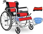 Z&y GLAa Manual Wheelchair for Disabled and Elderly Lightweight Folding Wheelchair with Handbrakes and Commode Comfortable Durable/Red