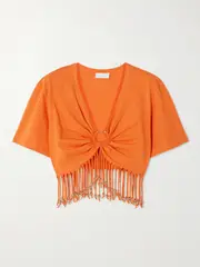 [RABANNE] RABANNE - Cropped Fringed Embellished Cotton-jersey Top - Orange - FR 40 FR 40 Orange