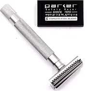 Parker's Semi Slant Safety Razor and 5 Parker Premium Double Edge Razor Blades - New for Summer 2019 (Satin Chrome)