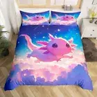 Cute Axolotl Bedding Set King Size, Cartoon Salamander Duvet Cover Galaxy
