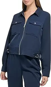 [Calvin Klein] Women's Plus Size Silver Hardwear Crepe Zip Front Pockets Jacket