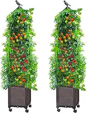 Sunnyglade 2 PCS Raised Garden Bed Planter Box with Trellis, 63" Tall Outdoor Tomato Planters for Climbing Vegetables Flowers Vine Plants, Tomato Cage with Wheels (2)