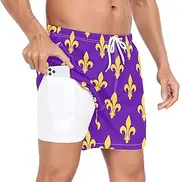[GuoChe] Swimming Trunks for Men Men's Lined Workout Shorts Fleur De Lis Purple Mardi Gras Fat Tuesday with Liner Board