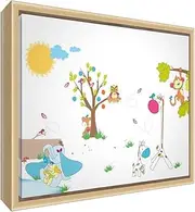 Eco-Printed & Framed Nursery Canvas with Solid Natural Wooden Frame ≪Animals≫ Multicoloured, 34 x 24 x 3cm (Small)
