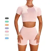 Women's 2 Pieces Workout Sets Shorts and Crop Top Solid Color Clothing Suit Black Pink Gym Workout High Waist Stretchy Breathable Short Sleeve Sport Activewear