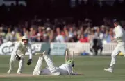 Pakistan batsman Wasim Akram dives in watched by England wick- Old Cricket Photo