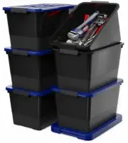 32 Quart Stackable Plastic Storage Bins with Blue Lids, 6 Pack Black Containe...