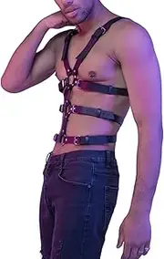 [TARZNGGLOP] Harness Belt Costume for Men, Men's PU Leather Body Chest Sexy Body Harness Belt Restraints Adjustable Buckle Clothes Outfits, Nightclub Cosplay Clubwear #9, Black, Black