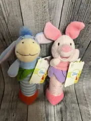 Eeyore And Piglet Chime Rattles Plush Stuffed Soft Toy SET OF 2 Disney Pooh Baby