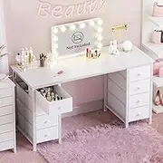 White Vanity Desk with Fabric Drawers on Both Sides, 47 Inch White Office Vanity Desk No Mirror with 8 Fabric Drawers, Makeup Computer Work Writing Study Desks for Bedroom