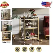 Elegant Serving Cart on Wheels - Multifunctional Kitchen & Drink Cart with Hooks