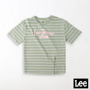 【Lee 官方旗艦】女裝 短袖T恤 / 條紋 Lee jeans 左前開岔設計 灰湖綠(LL220207152)