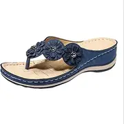 [DZXYQ] Summer Women's Slippers Flat Sandal Multicolor Handmade Retro Flowers Flip-Flops Large Size Slippers Leather Slip on Light Mid Heel Wedge Beach Outside Leisure Flip Flops,Blue,40