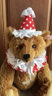 RED &WHITE POLKA DOT SATIN RUFFLE CLOWN COLLAR AND HAT HANDCRAFTED FOR TEDDY.
