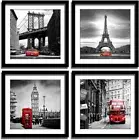 4 Pieces Framed Canvas Wall Art, Black White and Red Wall Decor Landscape Pos...