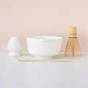 Matcha Set – Glossy White Glaze Ceramic Matcha Whisk Set, Easy to Clean & Pour, Complete Matcha Bowl Kit of 4, 17oz (Polished White)