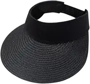 [BRIGHTFUFU] Lightweight Straw Visor Hat Sun Hat Wide Brim for Ponytail Folding Summer Sun Black