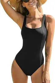 [Generic] Women One Piece Swimsuit Adjustable Straps Square Neck Tummy Control Slimming Crisscross Back Tie