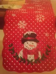 St Nicholas Square Snowman Quilted Red & White Table Runner w/ Scalloped Edges