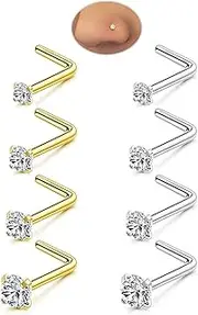 [Accirrch] Nose Rings Studs Set for Women Men: 8Pcs 20G Gold/Silver 316L Surgical Stainless Steel Nose Studs Hypoallergenic L Shaped Nose Piercing Jewelry Imitation Diamond Small Stud CZ 1.5mm 2mm 2.5mm 3mm