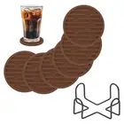 6 Pcs Round Drink Coasters with Holder, 4" Silicone Coaster, Brown(Stripes)