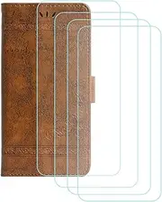 LCEHTOGYE Cover for Nokia C02 + 4 Slice HD Tempered Glass,Shell PU BracketBumper Protective Back Case - Anti-Scratch Screen Protector for Nokia C02-YSLC - Brown