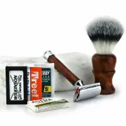 Wooden Synthetic Badger Brush & DE Safety Razor & Towel Gift Wet Shaving Set New