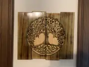 Tree Of Life #11 Green Hue Flamed Plaque Woodburn Carving Hangable Gift