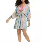 Dotti Blue Swim Cover-Up Womens Plus Size 1X Stripe Tunic Pink Yellow Low V-Neck