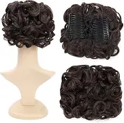(Dark Brown-4 ) - SWACC Short Messy Curly Dish Hair Bun Extension Easy Stretch hair Combs Clip in Ponytail Extension Scrunchie Chignon Tray Ponytail Hairpieces (Dark Brown-4 )