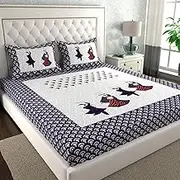 Marusthali indian style bed sheets traditional dandiya bedsheet king size sanganeri print bed sheet rajasthani cotton bed cover 144 tc jaipuri print bedspread 90 x 100 inches (Blue)