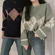 Couple Matching Argyle Sweater Black - One Size
