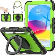 SEYMAC stock Protective Case for iPad 11th(A16) Generation 11" 2025/10th Generation 10.9" 2022 with Rotatble Ring Handle Stand, Screen Protector, Shoulder Strap,Pencil Holder, Green+Black