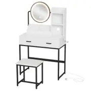 Advwin Dressing Table Makeup Vanity Desk Stool with LED Light&Charging Station Rotating Mirror White& Black