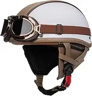 Vintage German Leather Motorcycle Half Hel-Met, DOT Approved Adult Men Women Half Face Motorcycle Hel-Mets, with Goggles and Visor, for Bicycle Cruiser Scooter Chopper(Brown)