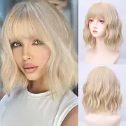 Blonde Bob Wig Short Blonde Bob Wigs for Women Curly Hair Wig with Bangs