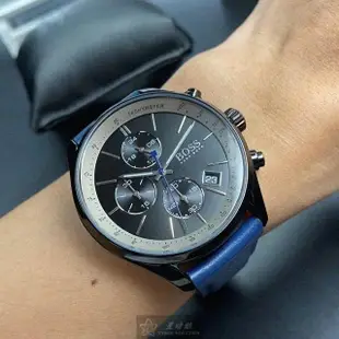 【BOSS】BOSS伯斯男女通用錶型號HB1513563(鐵灰錶面黑錶殼寶藍真皮皮革錶帶款)